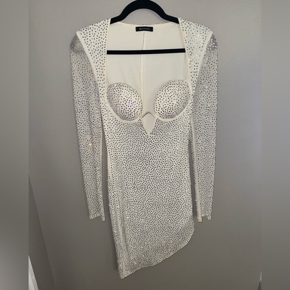 White Crystal-Studded Long Sleeve Mini Dress